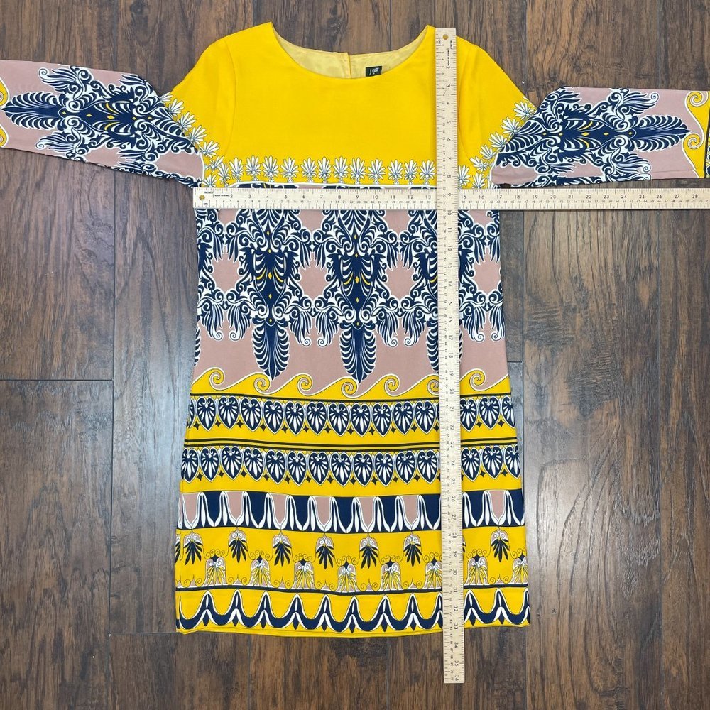 J. Crew Dress 0 Yellow Navy Blue 3/4 Sleeve Gallery Printed Shift Women's - Picture 7 of 12